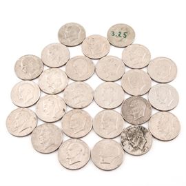 Group of Twenty-Five Eisenhower Dollars: A group of twenty-five Eisenhower dollars. Designer: Frank Gasparro/Michael Collins and James Cooper. Metal Content: 75% copper, 25% nickel over a pure copper center. Diameter: 38.5 mm. Weight: approx. 22.7 grams (each). Circulated. Conditions vary.