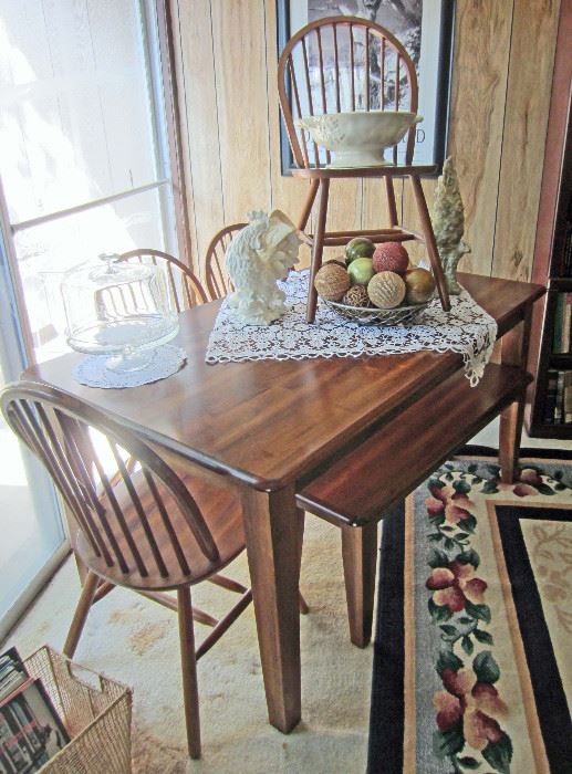 Wood dinette table with four chairs and bench (seats 6)