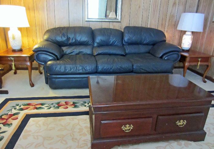 Leather sofa, coffee table with lift top table, nice veneer end tables, and lamps with base night lights