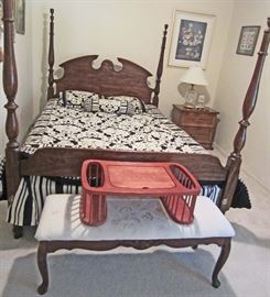 Four poster queen size bed, bench, and lap tray