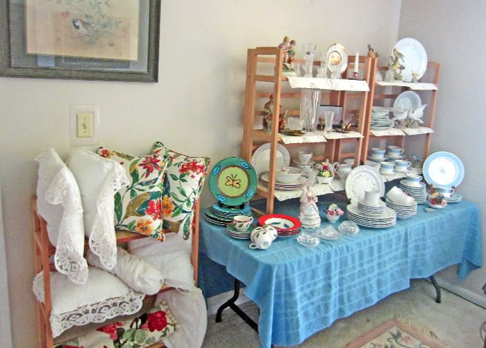 More glass and ceramic knickknacks, dish sets, and decorative pillows