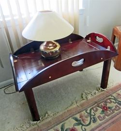 Tray top table and brass lamp 