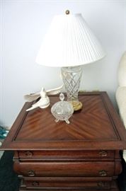 End table with decorations and Waterford crystal lamp