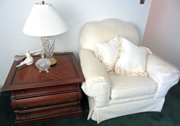 White occasional chair, end/lamp table, Waterford crystal lamp
