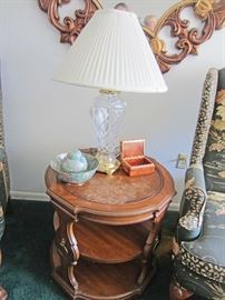 Lamp table, decorative items, and Waterford crystal lamp