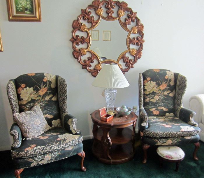 Pair of wing-back chairs, large decorative mirror, Waterford crystal lamp,  ...