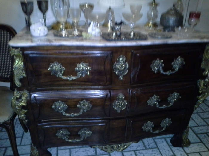 French Antique Louis XV Style Marble Top Chest of Drawers