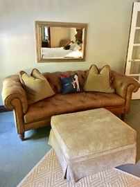 Tufted Leather Sofa, Decor Pillows & Ottoman 