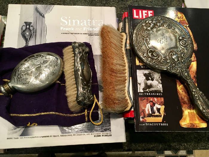Antique Hip Flask, Grooming Brushes & Mirror
