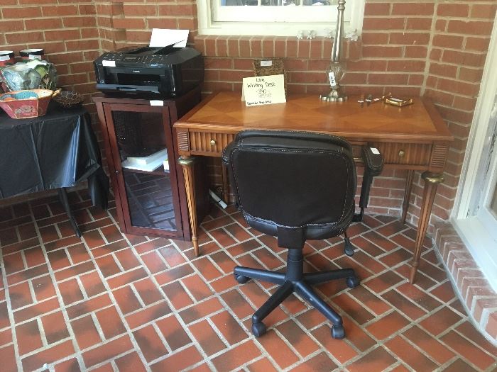 Writing desk, office chair, printer, glass-fronted display cabinet