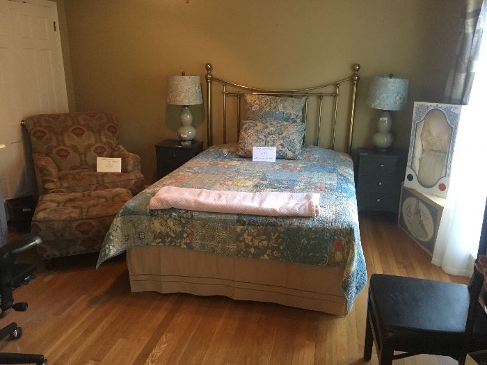 BED-SOLD, all else available! Chair & ottoman, pair of night stands and pair of lamps, pair of black bonded leather chairs