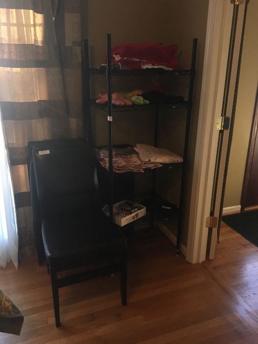 bonded leather chair (2 available), wire storage shelf