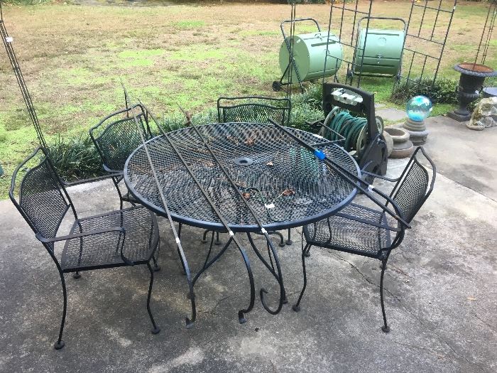 Metal outdoor table and 4-chairs, assorted shepherds' hooks, composters 
