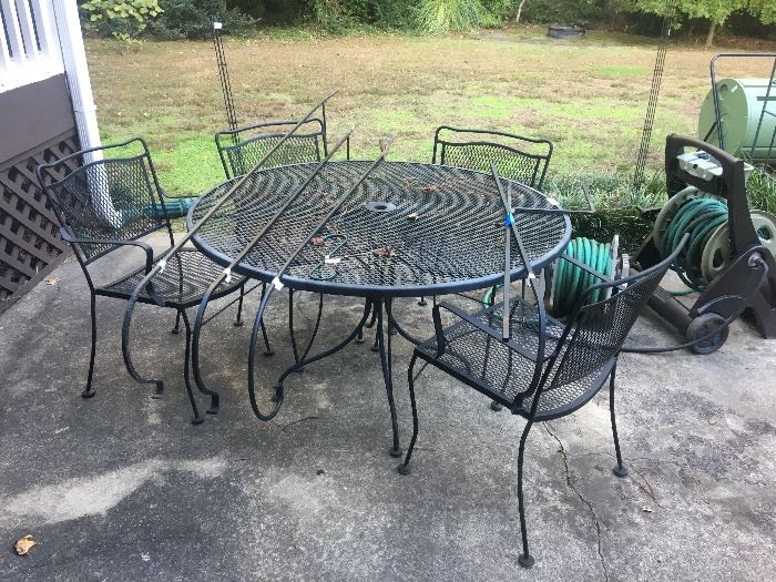 Metal patio table and 4-chairs, assorted shepherd's hooks