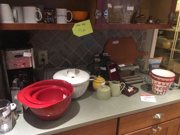 Coffee maker, mixing bowls, salad spinner, mugs, misc. kitchen items
