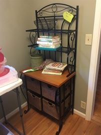 Baker's rack with under shelf basket storage, cookbooks, wire bowl