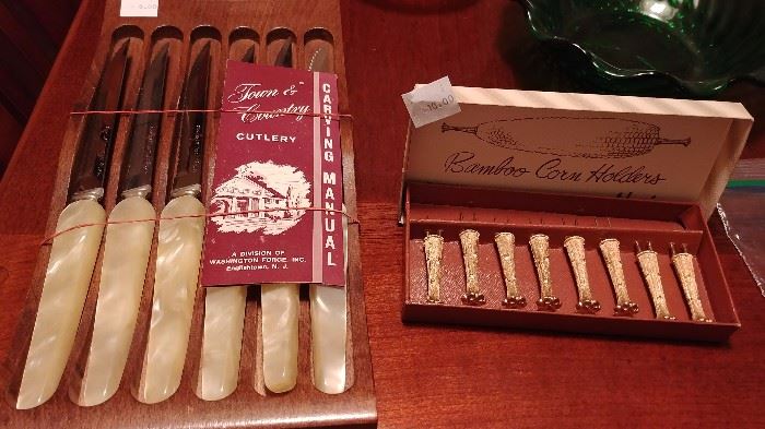 Town & Country cutlery set & gold Bamboo Corn Holders     DINING ROOM