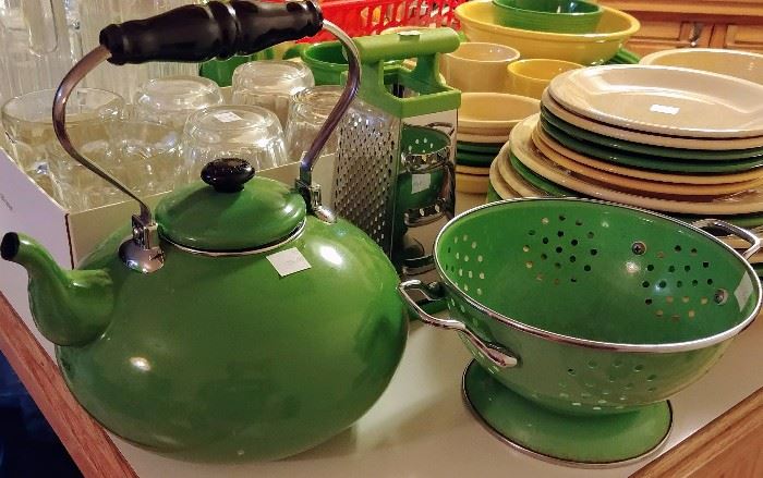 Martha Stewart tea kettle; metal colander; cheese grater     DINING ROOM/KITCHEN