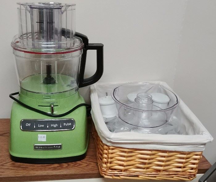 Kitchen Aid  food processor and basket of attachments     LAUNDRY ROOM