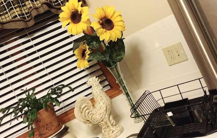 catcus plant, rooster, sunflowers, & dish drying rack     KITCHEN