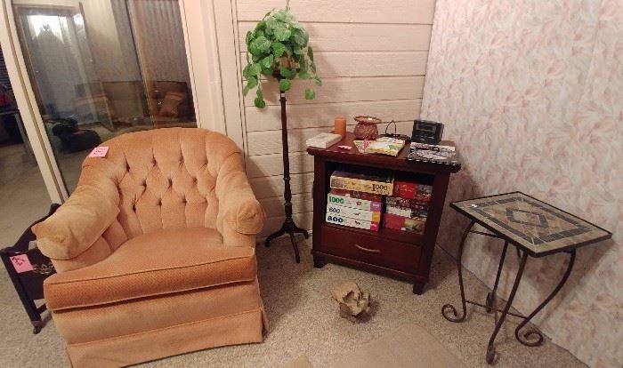 cushy retro chair, magazine rack, plant stand, end table,  tile-top plant stand, etc.     SUNROOM