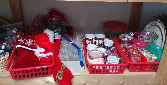 Christmas tins, mugs, stemware, stockings, etc.     GARAGE