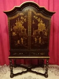 CHINOISERIE GOLD DECORATED CHEST ON STAND