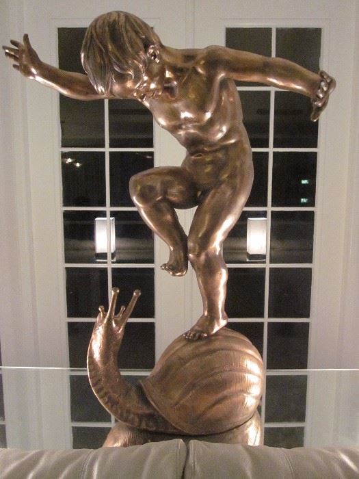 HUGE GIOVANNI CAPPELLETTI BRONZE SCULPTURE, BOY ON SNAIL, GOLD PATINA, CAN BE USED AS FOUNTAIN