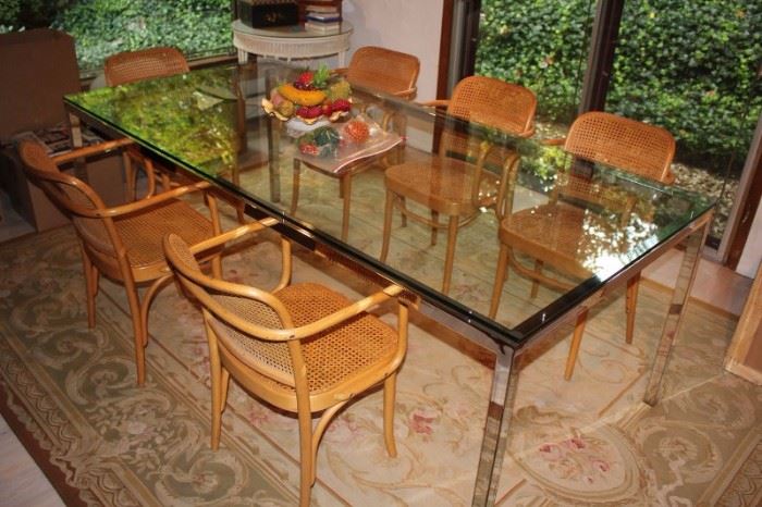 Glass and Chrome Dining Room Table with Eight Breuer Chairs