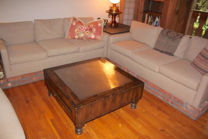 Brutalist Style Coffee Table  and Pair of Sofas