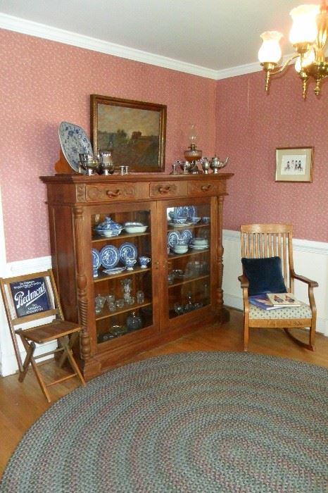 Beautiful Antique Oak Cabinet/Antique Oak Rocking Chair/Blue Willow China/Antique & Vintage Glassware/Oil Lamps/Silver/Oil Painting,etc...