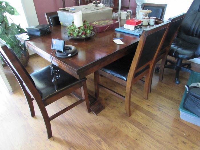 Dark wood trestle table with extensions and six chairs, GPS, Silverplate coffee/tea service