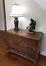 4 drawer 18th century chest, bronze figure with flute signed Ed Dwight 1986