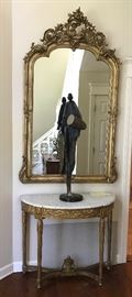 Marble top gilt French demilune, with French gold leaf mirror 1850, 4 ft                                                                        Bronze Ed Dwight sculpture