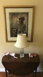 Herend leopard, 17" and camel, Queen Anne drop leaf table, Baccarat lamp, Alan Flattmann painting