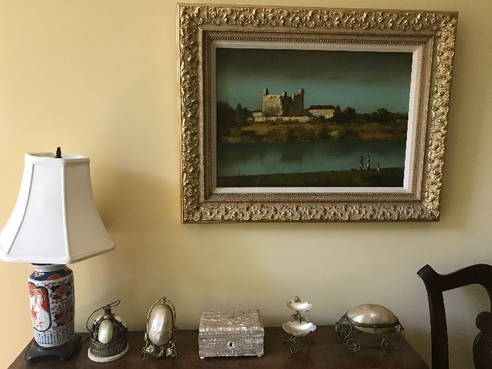Imari lamp, collection of mother of pearl pieces, Painting "Ruins of Castle" by Benedek
