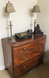 painted black lacquer lap desk, 19th century, bowfront mahogany chest, pair of candlestick lamps, bronze Oriental statue
