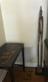 Chinoiserie table, tall African sculpture