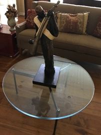 round glass and iron coffee table, Ed Dwight bronze lute player