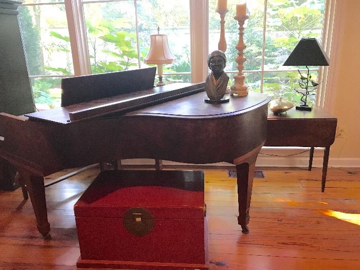 Mathushek piano 5 ft grand piano burled walnut c. 1920, red lacquer chest, Ed Dwight sculpture 