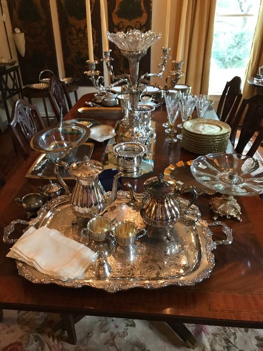 Beautiful silver tea service and tray, large silver and glass epergne, beautiful pair of English wine coasters