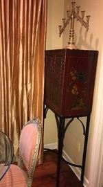 small antique red Chinese chinoiserie cabinet on custom designed iron stand by Rankin