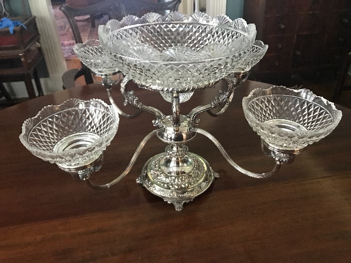 Beautiful silver epergne with cut glass bowls. Have matching pair of silver candlelabra 