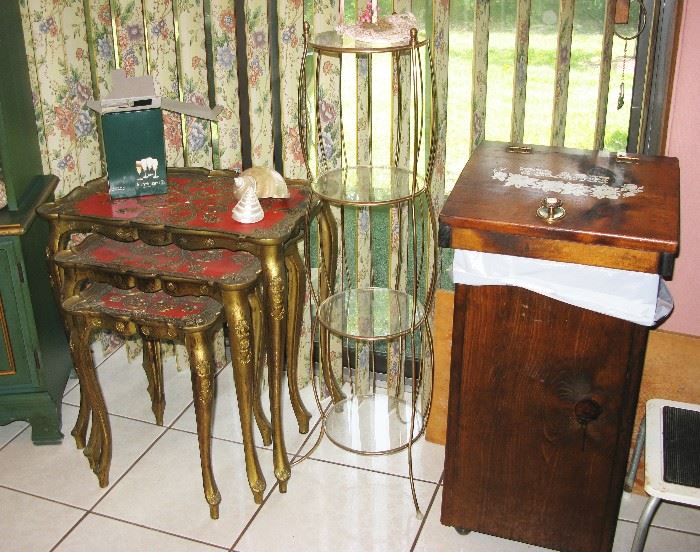 nesting tables, small brass and glass display and wooden garbage receptable