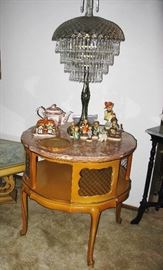 crystal tall lamp, Hummels, marble top french table