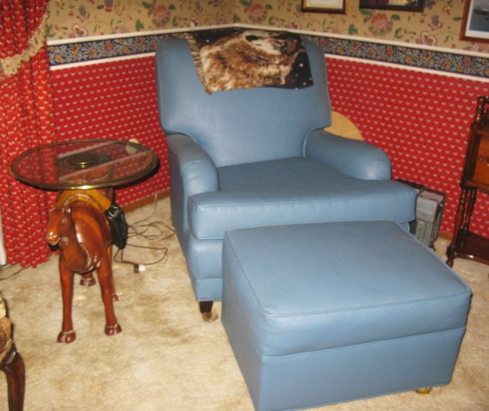 Unusual camel table, soft blue chair and ottoman 