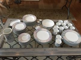 Mikasa Monet fine china service for 12--dinner plates, cup & saucer, salad plates, soup bowls, serving bowl, butter plate, salt & pepper shakers, sugar bowl w/lid, coffee pot w/lid.