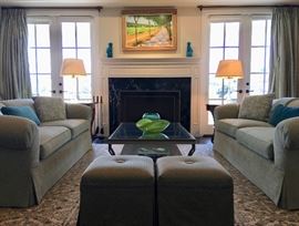 Matching Chenille (Moonstone) Rolled Arm and Back 8' Sofas; Ottomans