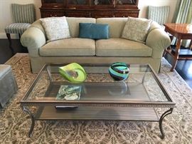 Cocktail Table with Warm-Metallic-leaf Patina and Glass Top