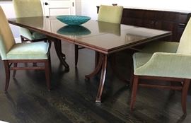 Contemporary Duncan Phyfe-Style Dining  Table with 10 Chairs in Pale Chartreuse Velvet 